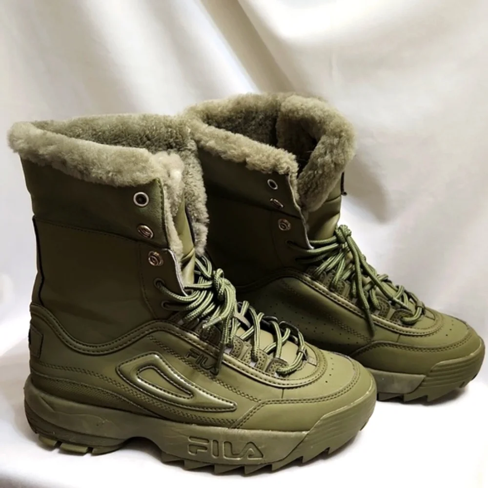 Fila Disruptor Shearling Olive Green Lace-up Winter Boots (w size 8)